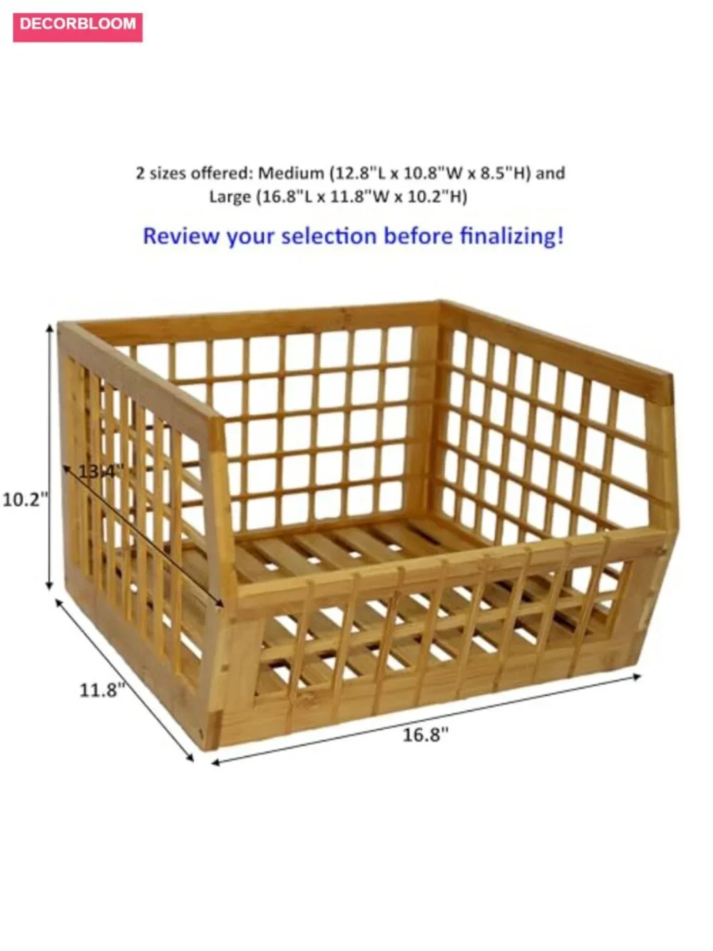 Large Bamboo Stackable Storage Bins Open Front Lattice Set of 3